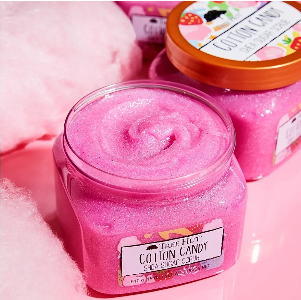 Tree Hut Cotton Candy - Exfoliante corporal hidratante y exfoliante de azúcar de karité, 18 onzas