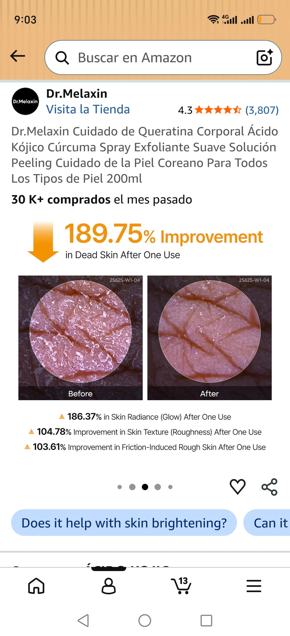 Dr.Melaxin Peel Shot Exfoliante Corporal en Spray con Ácido Kójico y Cúrcuma 200 ml