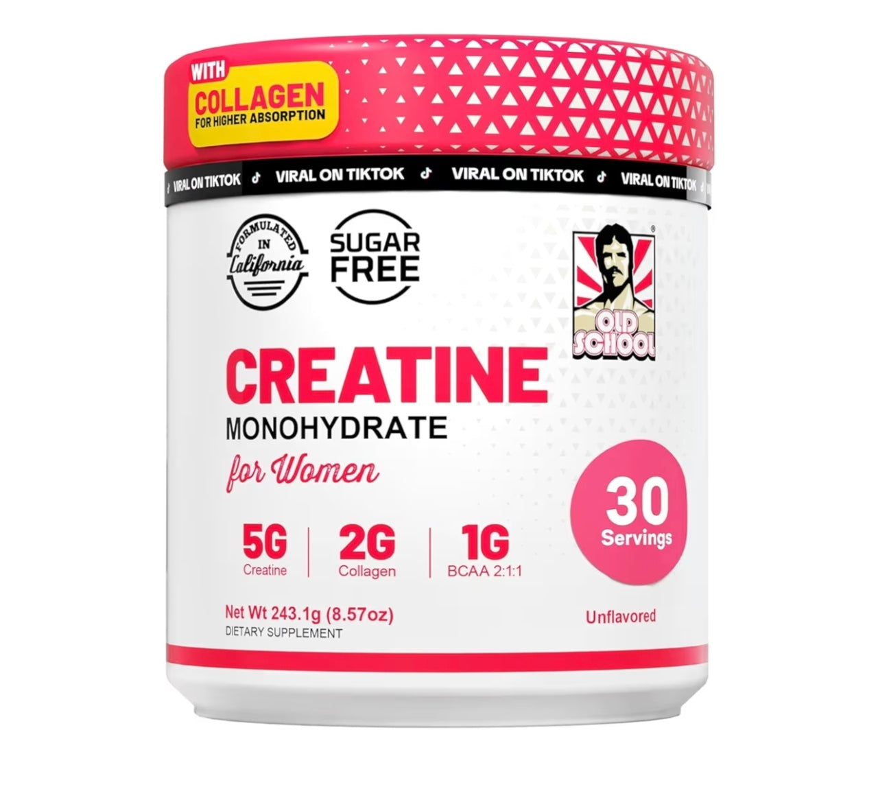 Old School Labs Creatina para Mujer | Creatina Monohidrato 5000 mg + Colágeno 2000 mg + BCAA 2:1:1 | Recuperación y Fuerza | Sin Sabor | 243 g