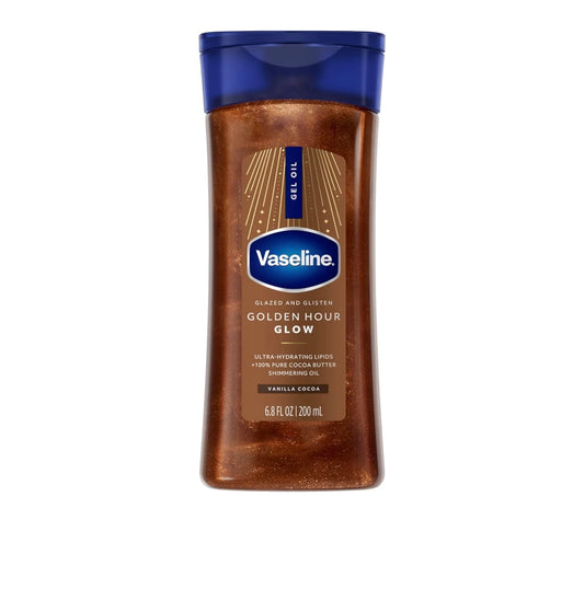 Vaseline Glazed and Glisten Golden Hour - Aceite de gel corporal Glow Vanilla Cocoa brillante con lípidos ultrahidratantes y manteca de cacao 100% pura, 6.8 onzas