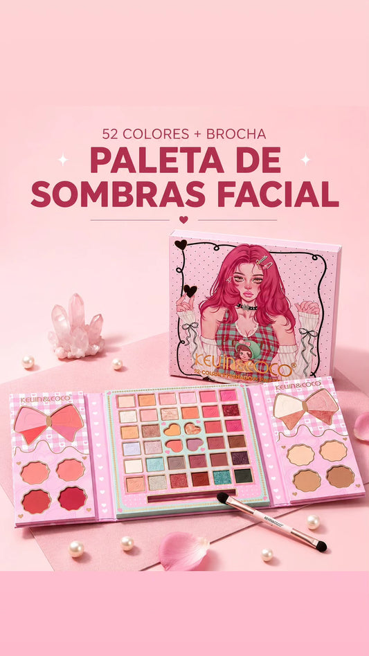 KEVIN & COCO Paleta de Sombras Facial – 52 Colores + Brocha