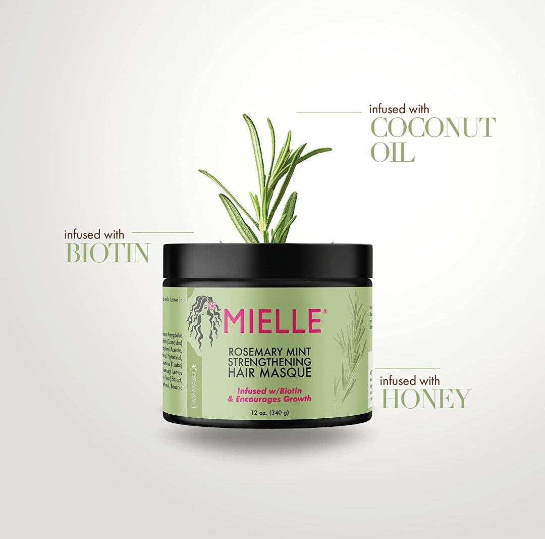 Mascarilla fortalecedora para el cabello, aceite esencial y tratamiento profundo de biotina, reparación milagrosa para cabello seco, dañado y encrespado, Mielle Organics 12 onzas