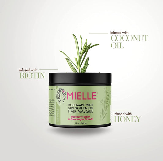 Mascarilla fortalecedora para el cabello, aceite esencial y tratamiento profundo de biotina, reparación milagrosa para cabello seco, dañado y encrespado, Mielle Organics 12 onzas